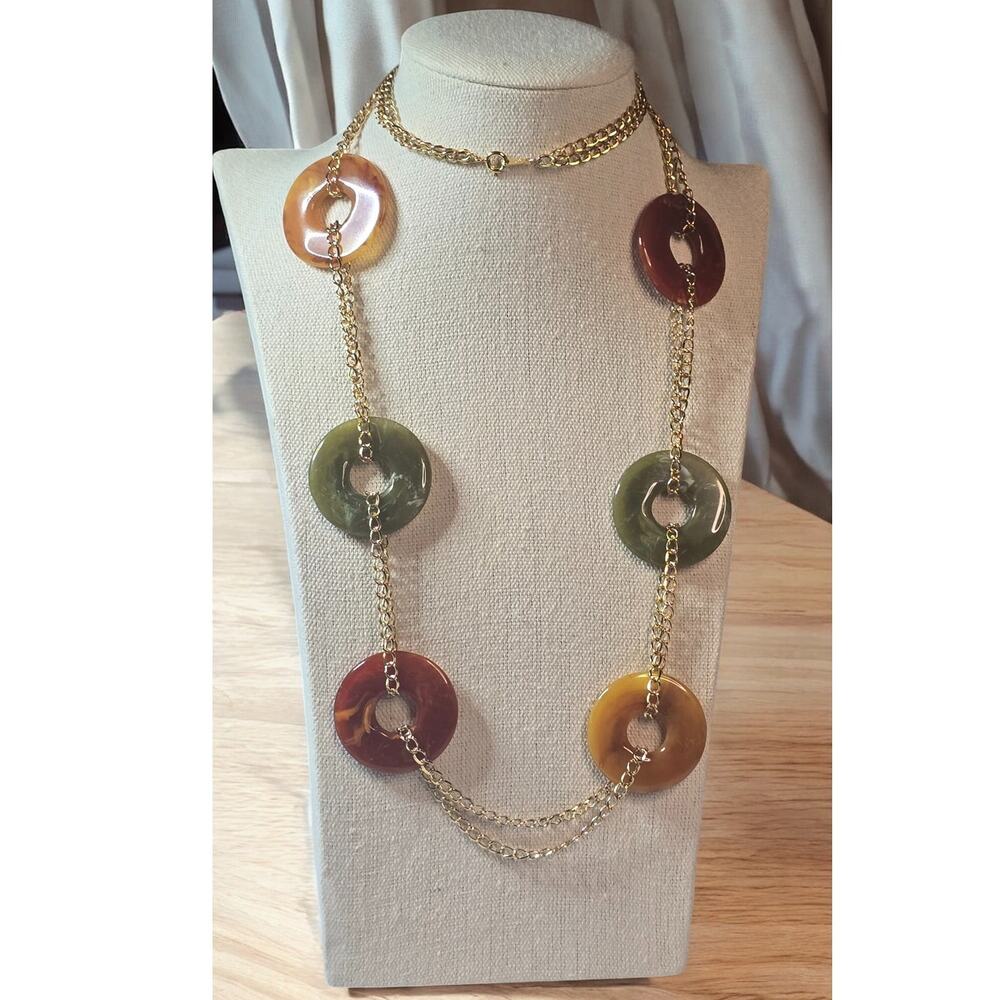 Avon Earthy Agate Style Disc Long Necklace Gold Chain Vintage – Boho Retro 90s